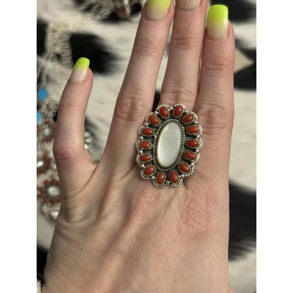 Native American Sterling Silver Mother Pearl Red Coral Multistone Cluster Ring